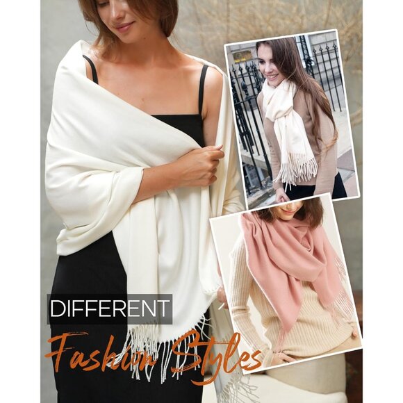 Women's White Pashmina Shawl Wraps Cashmere Feel Winter Scarf Soft Warm Blanket - Picture 4 of 8